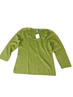 Lime Green Silk Blend Women's Sweater Knit Stretch Embellished with Roses Size L